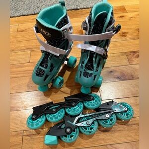 Teal and Black Adjustable Roller Skates with Inline Attachments